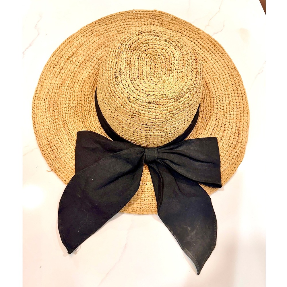 Scala Womens Straw Sun Hat Wide Brim Oversized Black Bow Natural Fiber One Size
